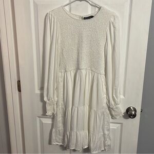 White Smocked Long Sleeve Dress